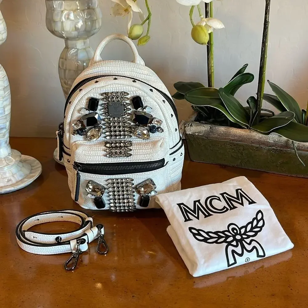 RARE MCM Swarovski Crocodile Leather Mini Backpack White NWOT - Picture 2 of 11